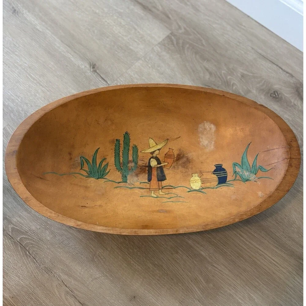 ⁠1930s VTG HandPainted Wood DoughBowl Mexican Southwestern Cactus 17